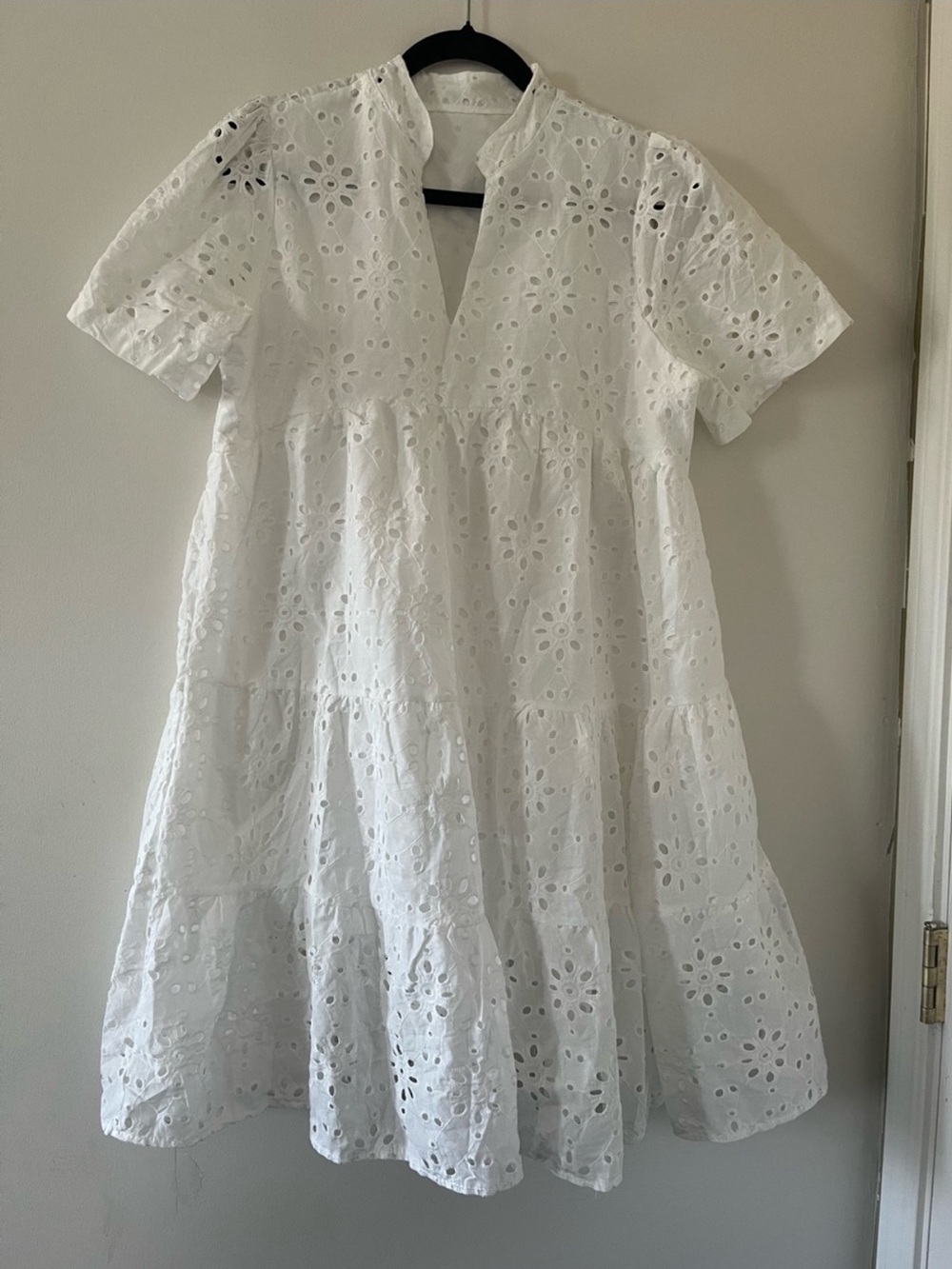 White Eyelet Mini Dress Tiered Cotton Babydoll Short Sleeve Dress XL Cottagecore